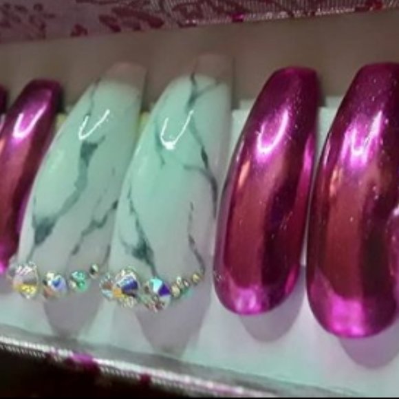Handmade Hard Gel Mirror Chrome & Marble Press On Nails - Picture 3 of 6